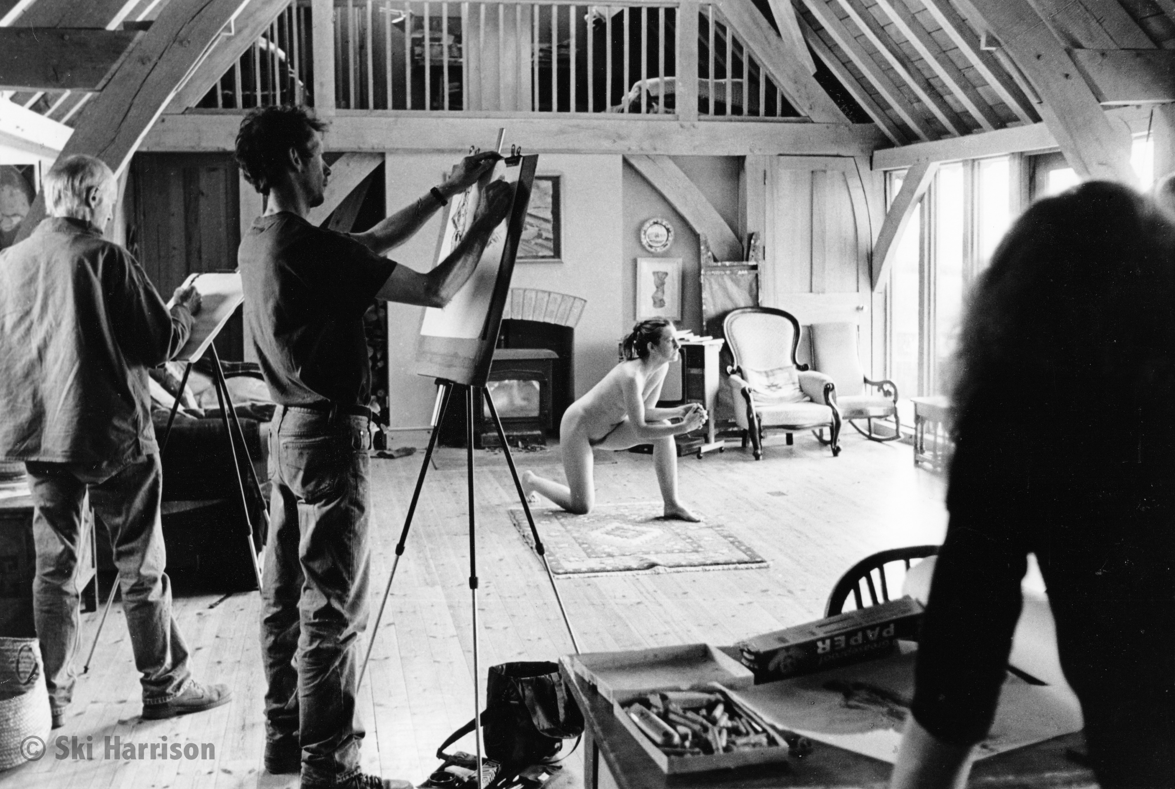 CS50 - Life Drawing Class at Tom Appleton's house. L-R Anthony Harrison, Jeremy Scrine, Susie David and model Ambuka. Longlands East Cornworthy, 2000